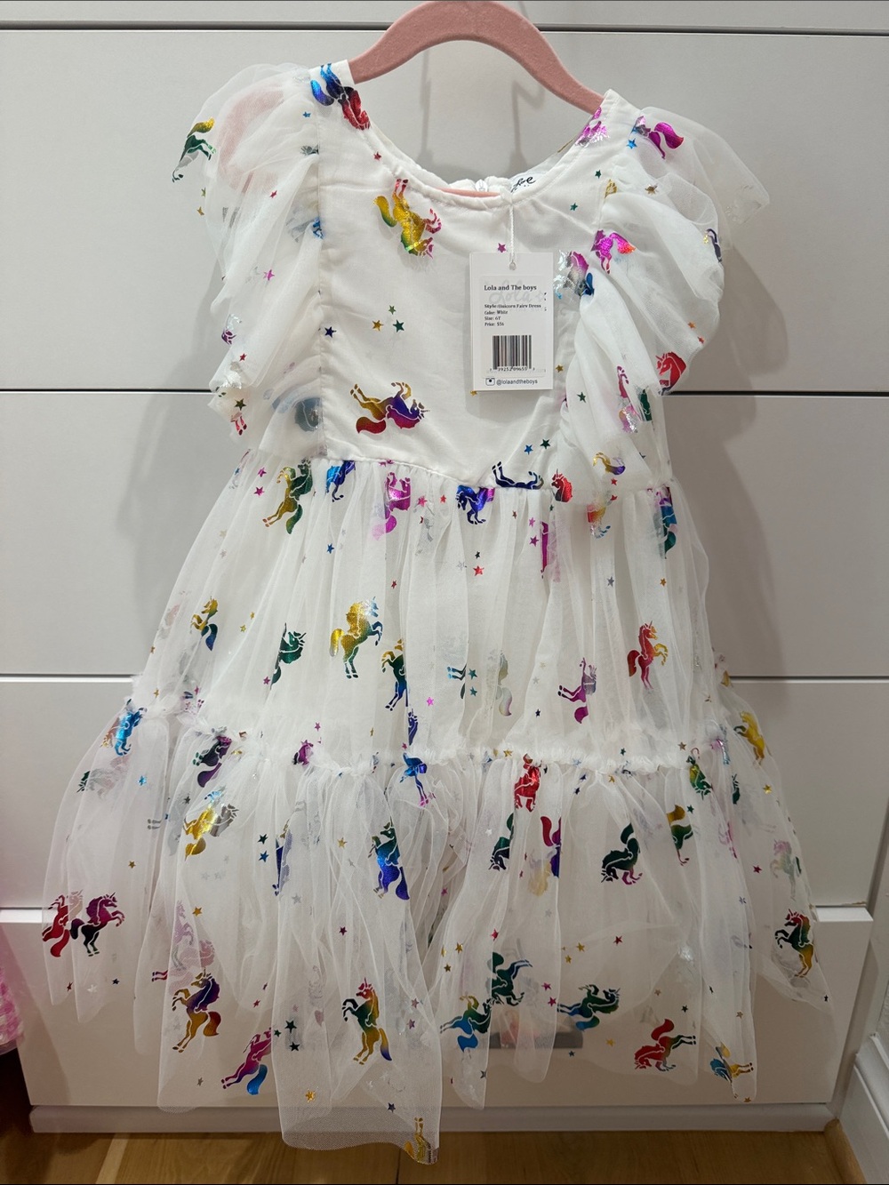 Lola + The Boys White Unicorn Tulle Dress with Rainbow Prints